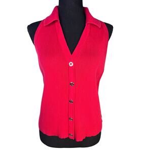 Nautica Jeans Ribbed Knit Tank Top Women L Red Collared Sleeveless Preppy Y2K